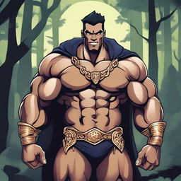 A detailed illustration of a human warlock bodybuilder flexing his biceps with a confident smile