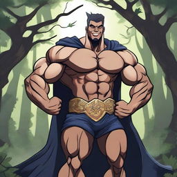 A detailed illustration of a human warlock bodybuilder flexing his biceps with a confident smile