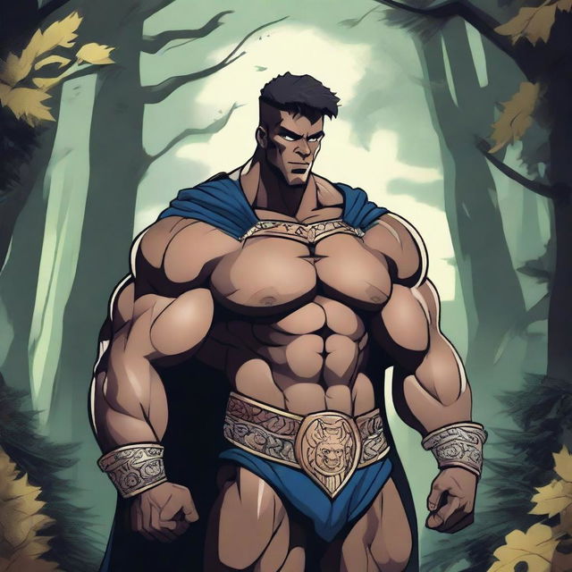 A detailed illustration of a human warlock bodybuilder flexing his biceps with a confident smile