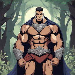 A detailed illustration of a human warlock bodybuilder flexing his biceps with a confident smile