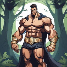 A detailed illustration of a human warlock bodybuilder flexing his biceps with a confident smile