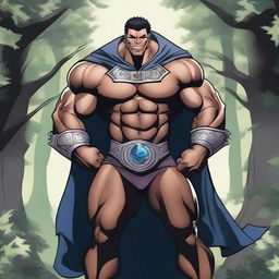 A detailed illustration of a human warlock bodybuilder flexing his biceps with a confident smile