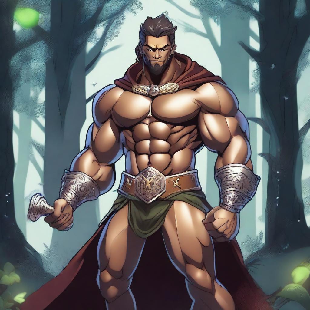 A detailed illustration of a human warlock bodybuilder flexing his biceps with a confident smile