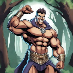 A detailed illustration of a human warlock bodybuilder flexing his biceps with a confident smile