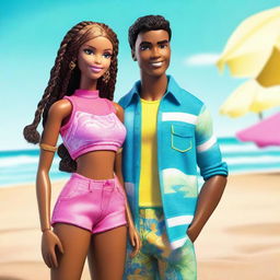 A depiction of African American Ken and Barbie, both with braids as their hairstyle, standing confidently together on a sunny beach with the ocean in the background