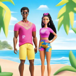 A depiction of African American Ken and Barbie, both with braids as their hairstyle, standing confidently together on a sunny beach with the ocean in the background