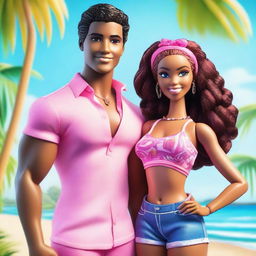 A depiction of African American Ken and Barbie, both with braids as their hairstyle, standing confidently together on a sunny beach with the ocean in the background