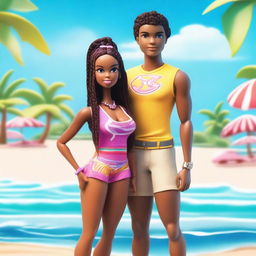 A depiction of African American Ken and Barbie, both with braids as their hairstyle, standing confidently together on a sunny beach with the ocean in the background