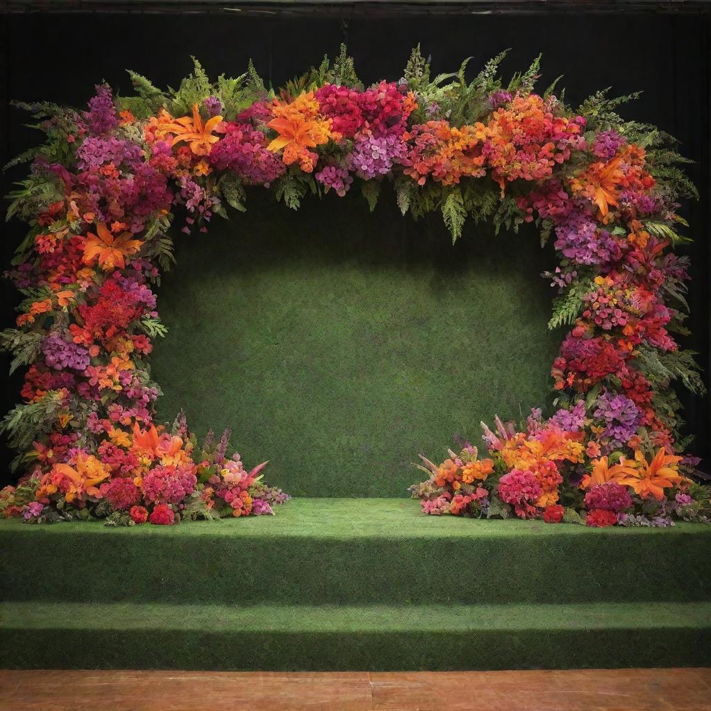 A vibrant stage decorated with an array of colorful flowers and lush green foliage, creating a captivating backdrop.