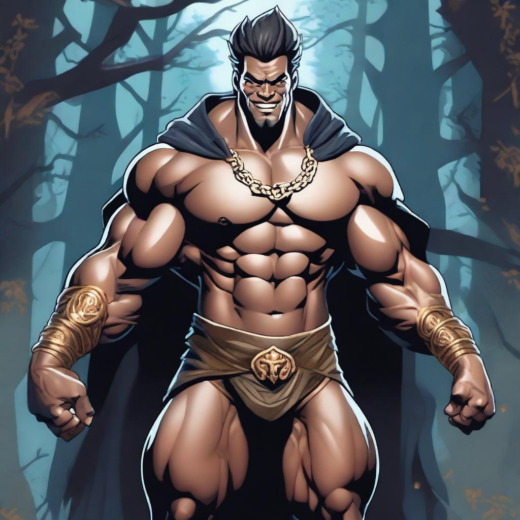 A detailed illustration of a human warlock bodybuilder flexing his biceps with a confident smile