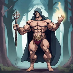 A detailed illustration of a human warlock bodybuilder flexing his biceps with a confident smile