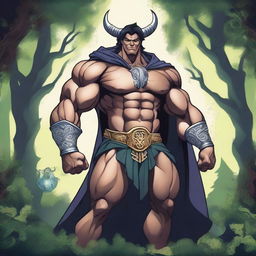 A detailed illustration of a human warlock bodybuilder flexing his biceps with a confident smile