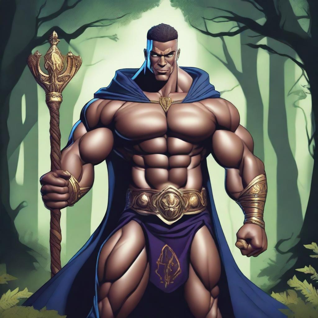 A detailed illustration of a human warlock bodybuilder flexing his biceps with a confident smile