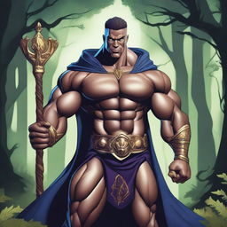 A detailed illustration of a human warlock bodybuilder flexing his biceps with a confident smile