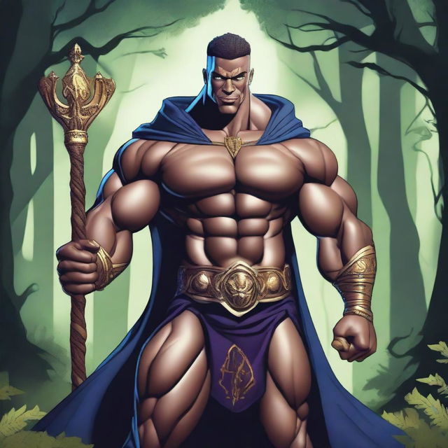 A detailed illustration of a human warlock bodybuilder flexing his biceps with a confident smile