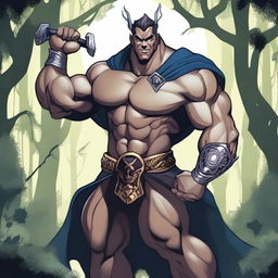 A detailed illustration of a human warlock bodybuilder flexing his biceps with a confident smile