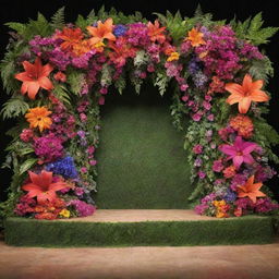 A vibrant stage decorated with an array of colorful flowers and lush green foliage, creating a captivating backdrop.