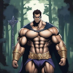 A detailed illustration of a human warlock bodybuilder flexing his biceps with a confident smile