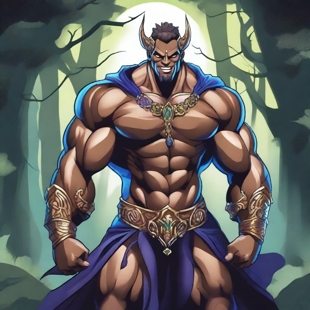 A detailed illustration of a human warlock bodybuilder flexing his biceps with a confident smile