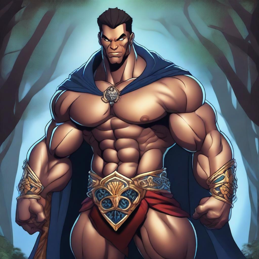 A detailed illustration of a human warlock bodybuilder flexing his biceps with a confident smile