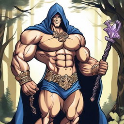 A detailed illustration of a human warlock bodybuilder flexing his biceps with a confident smile