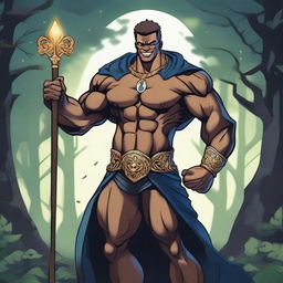 A detailed illustration of a human warlock bodybuilder flexing his biceps with a confident smile