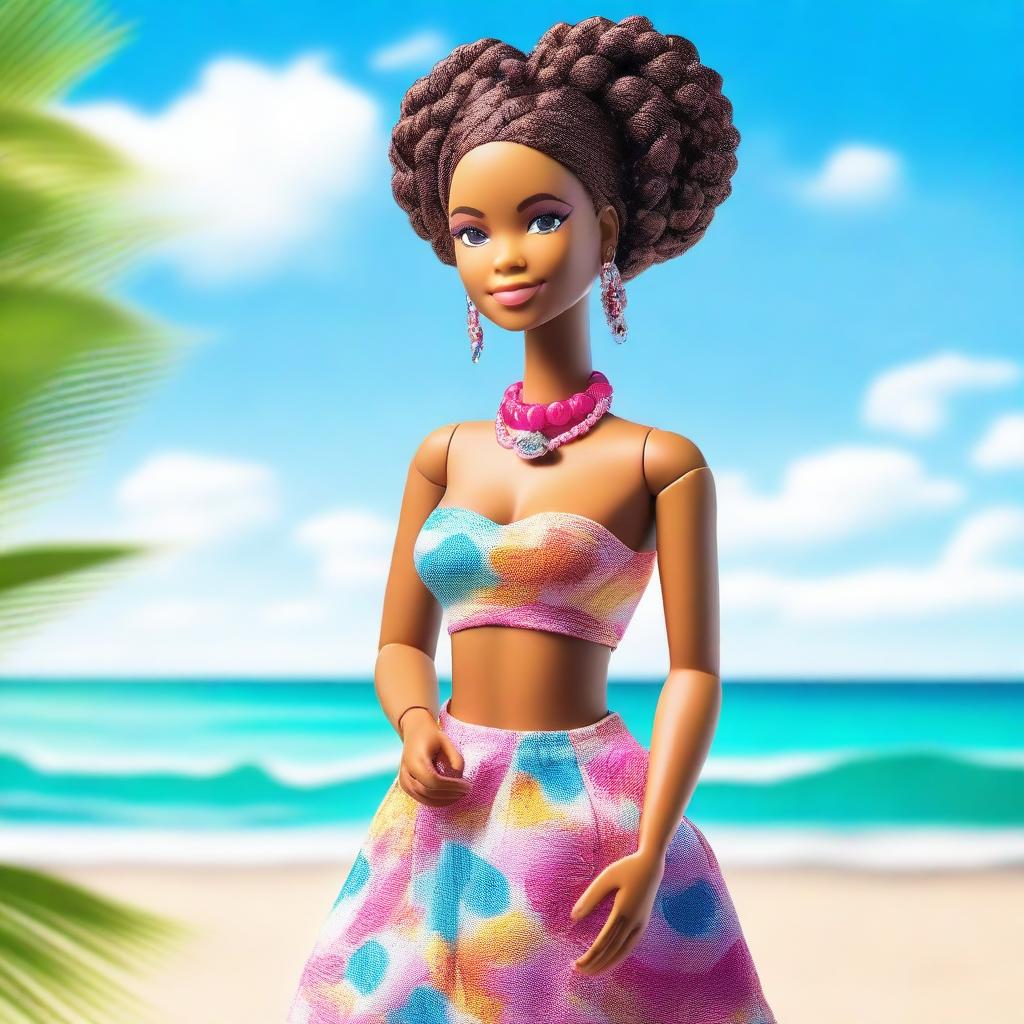 A depiction of an African American Barbie with braids as her hairstyle, standing confidently on a sunny beach with the ocean in the background