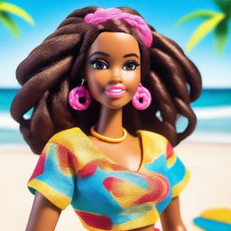 A depiction of an African American Barbie with braids as her hairstyle, standing confidently on a sunny beach with the ocean in the background