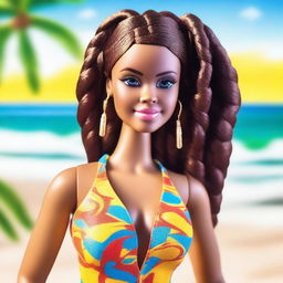 A depiction of an African American Barbie with braids as her hairstyle, standing confidently on a sunny beach with the ocean in the background