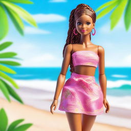 A depiction of an African American Barbie with braids as her hairstyle, standing confidently on a sunny beach with the ocean in the background