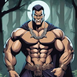 A detailed illustration of a human warlock bodybuilder flexing his biceps with a confident smile