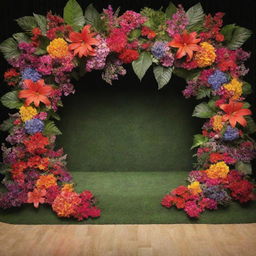 A vibrant stage decorated with an array of colorful flowers and lush green foliage, creating a captivating backdrop.