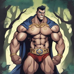 A detailed illustration of a human warlock bodybuilder flexing his biceps with a confident smile