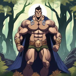 A detailed illustration of a human warlock bodybuilder flexing his biceps with a confident smile