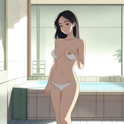 A woman in a bikini standing beside a bath, viewed from the side