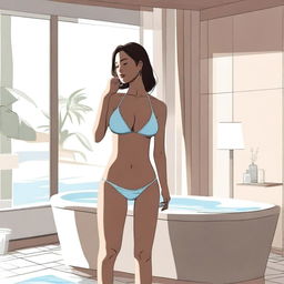 A woman in a bikini standing beside a bath, viewed from the side