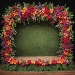 A vibrant stage decorated with an array of colorful flowers and lush green foliage, creating a captivating backdrop.