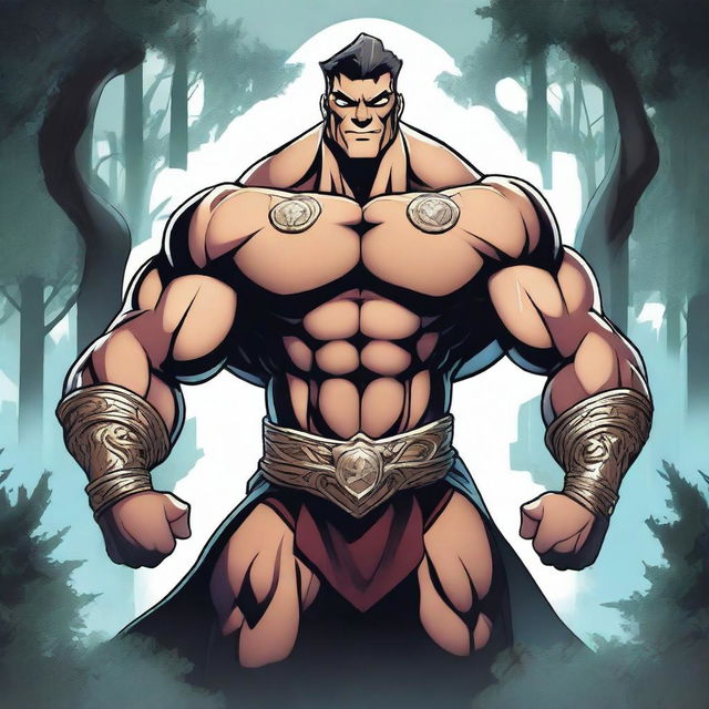 A detailed illustration of a human warlock bodybuilder flexing his biceps with a confident smile