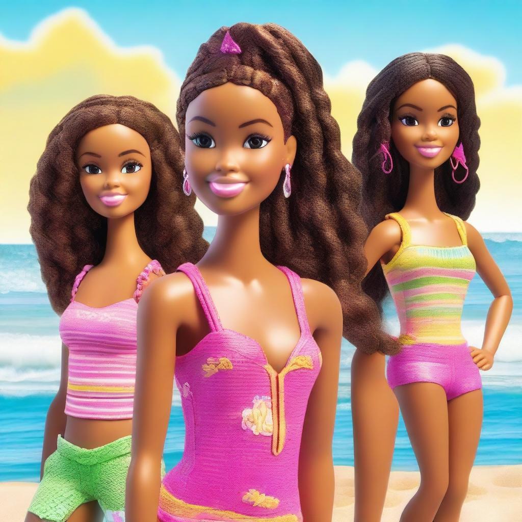 A depiction of an African American Barbie, with braids as her hairstyle, standing confidently with her friends on a sunny beach with the ocean in the background