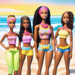 A depiction of an African American Barbie, with braids as her hairstyle, standing confidently with her friends on a sunny beach with the ocean in the background