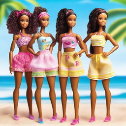 A depiction of an African American Barbie, with braids as her hairstyle, standing confidently with her friends on a sunny beach with the ocean in the background