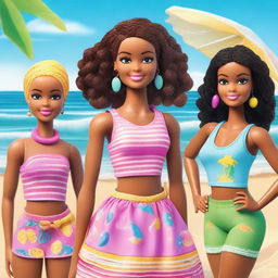 A depiction of an African American Barbie, with braids as her hairstyle, standing confidently with her friends on a sunny beach with the ocean in the background