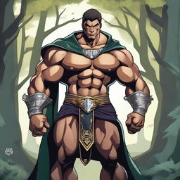 A detailed illustration of a human hexblade warlock bodybuilder flexing his biceps with a confident smile