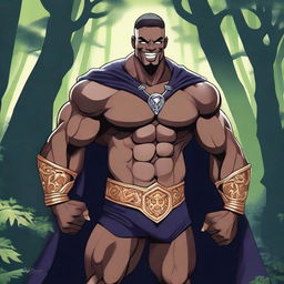 A detailed illustration of a human hexblade warlock bodybuilder flexing his biceps with a confident smile