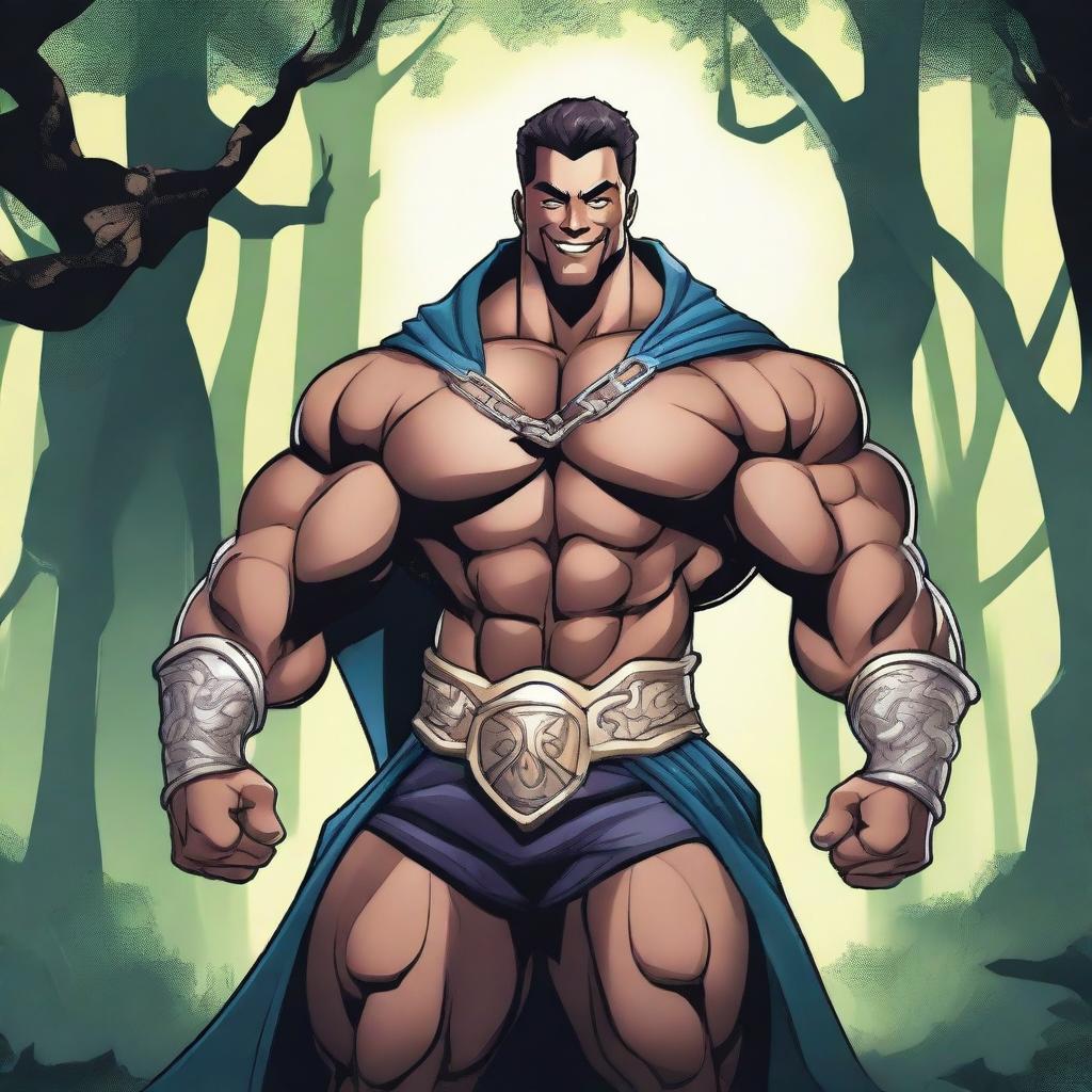 A detailed illustration of a human hexblade warlock bodybuilder flexing his biceps with a confident smile