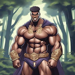 A detailed illustration of a human hexblade warlock bodybuilder flexing his biceps with a confident smile