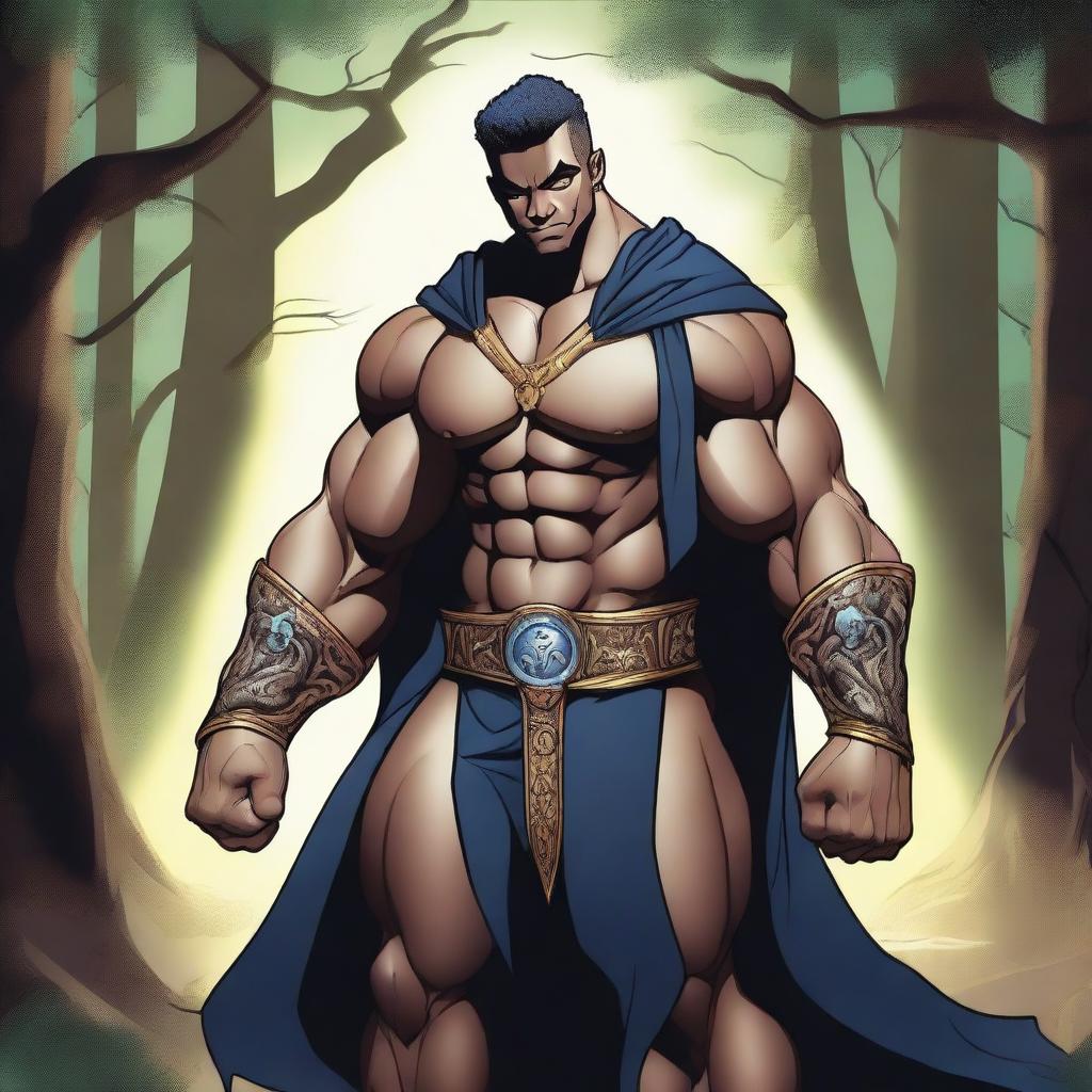 A detailed illustration of a human hexblade warlock bodybuilder flexing his biceps with a confident smile