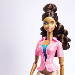 A depiction of an African American Barbie, with braids as her hairstyle, standing confidently on a white background