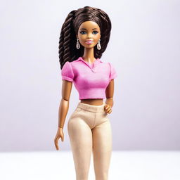 A depiction of an African American Barbie, with braids as her hairstyle, standing confidently on a white background