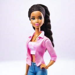 A depiction of an African American Barbie, with braids as her hairstyle, standing confidently on a white background